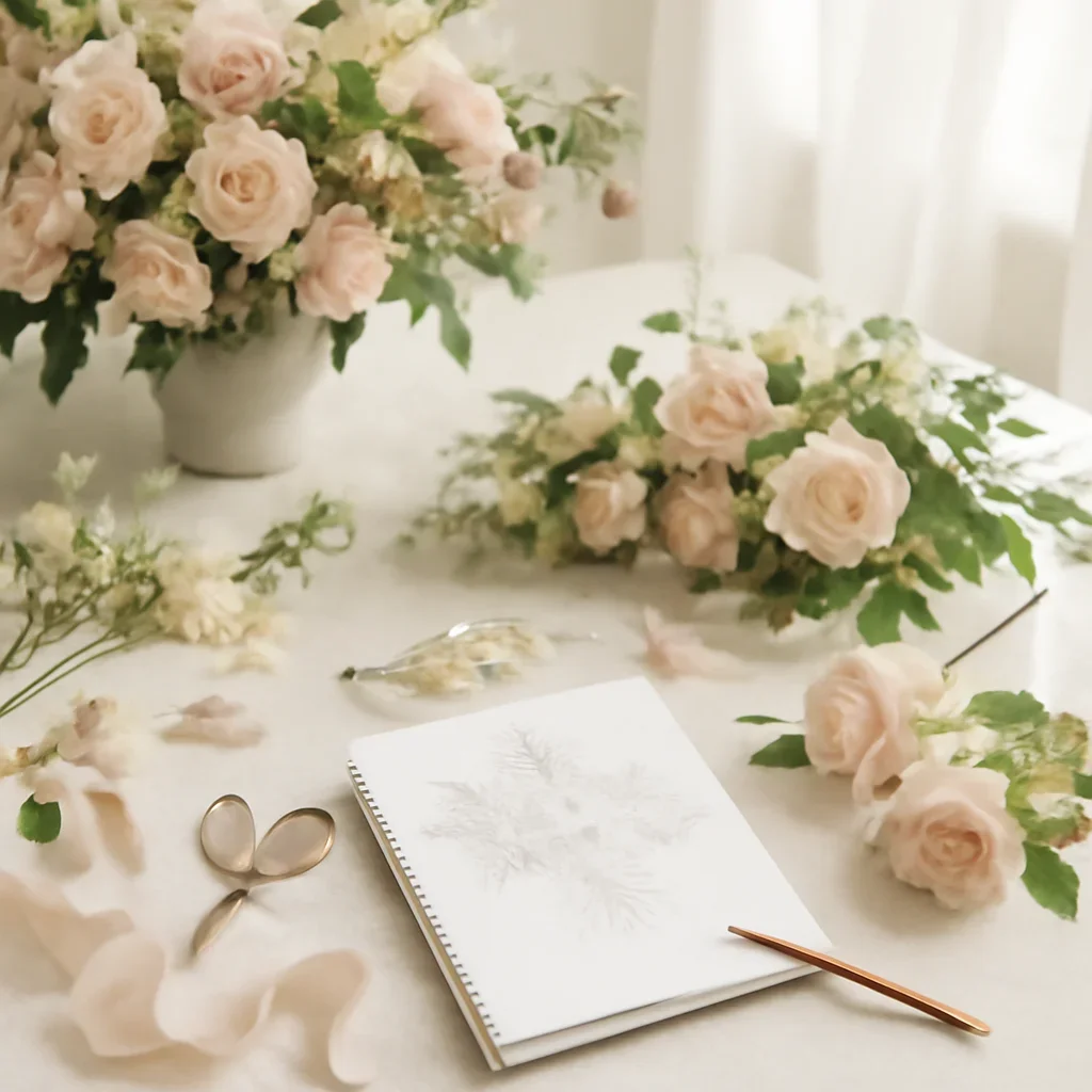 Floral planning materials and stems arranged for a wedding design consultation