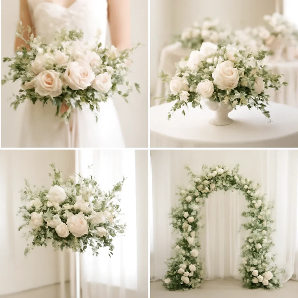 Wedding flower collection showing bouquets, centerpieces, and ceremony florals